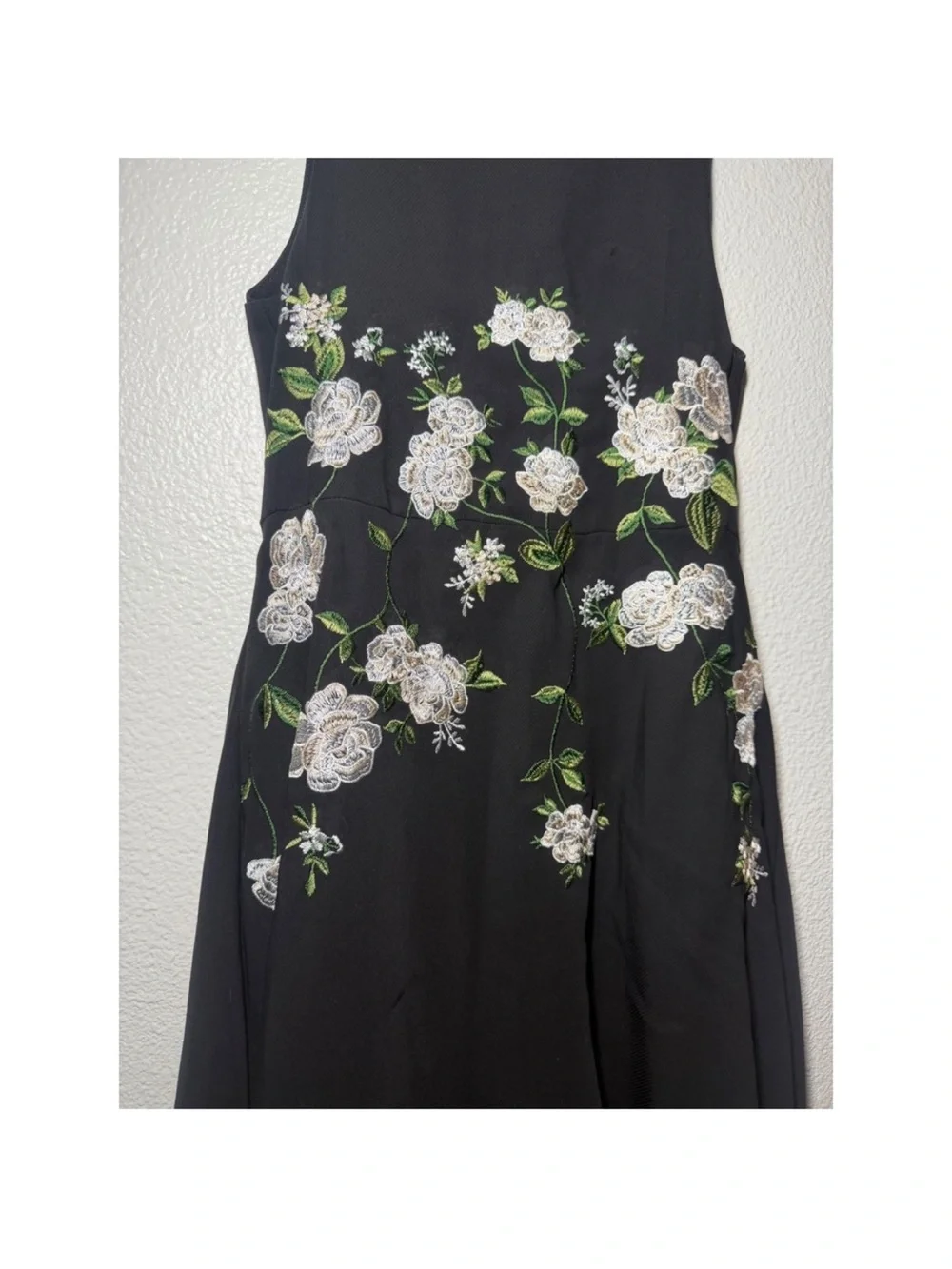 GB girls Black High-Low Dress with White & Green Floral Embroidery